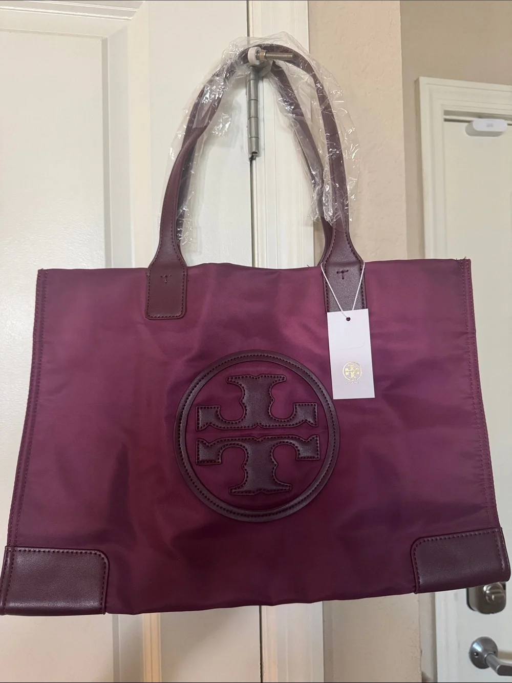 TB Plum Nylon Tote with Leather Trim - Picture 1 of 4